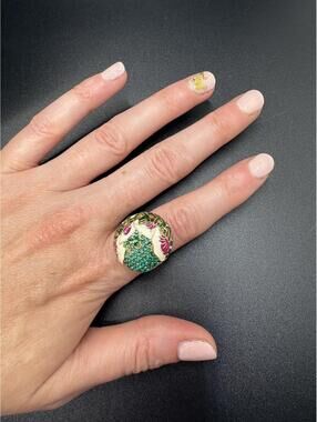 Floral Enamel Ring with Green Crystals